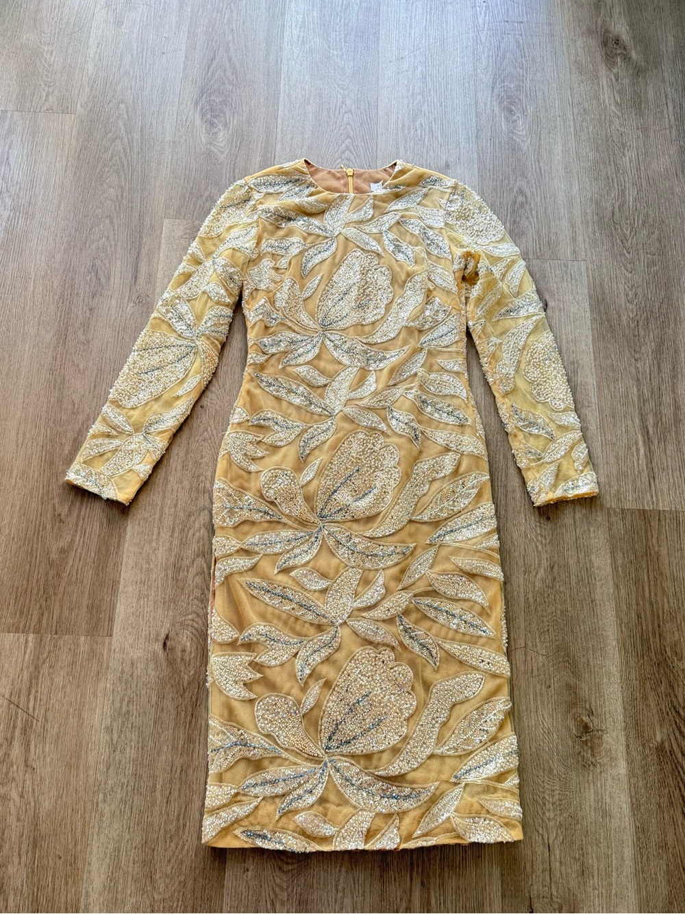 helsi gold & silver long sleeve sequin embroidered sheath midi dress size XS NEW